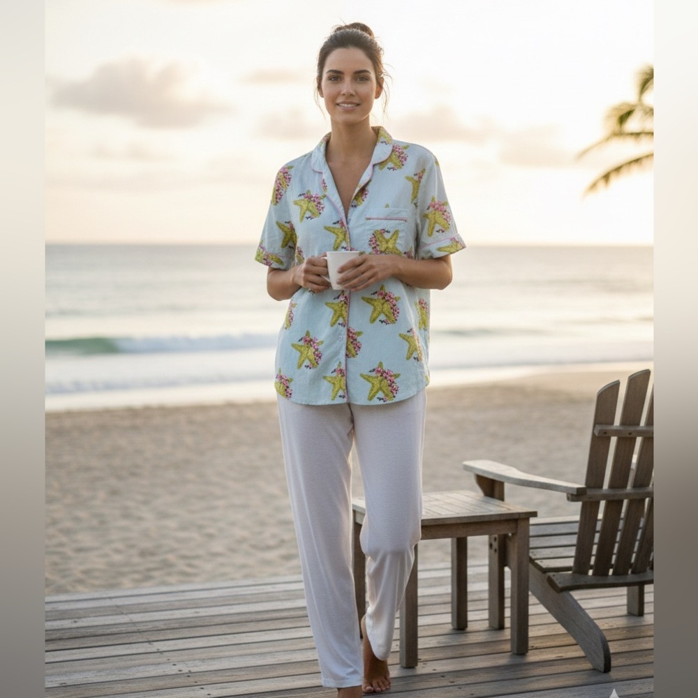 Their Nibs Floral Starfish Nautical 100% Cotton Button Down Pajama‎ Top Size L